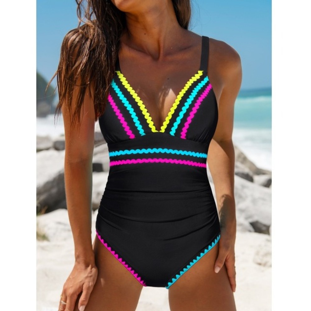 Popvil Womens Black V Neck Rickrack Trim Ruched One Piece Swimsuit New XL